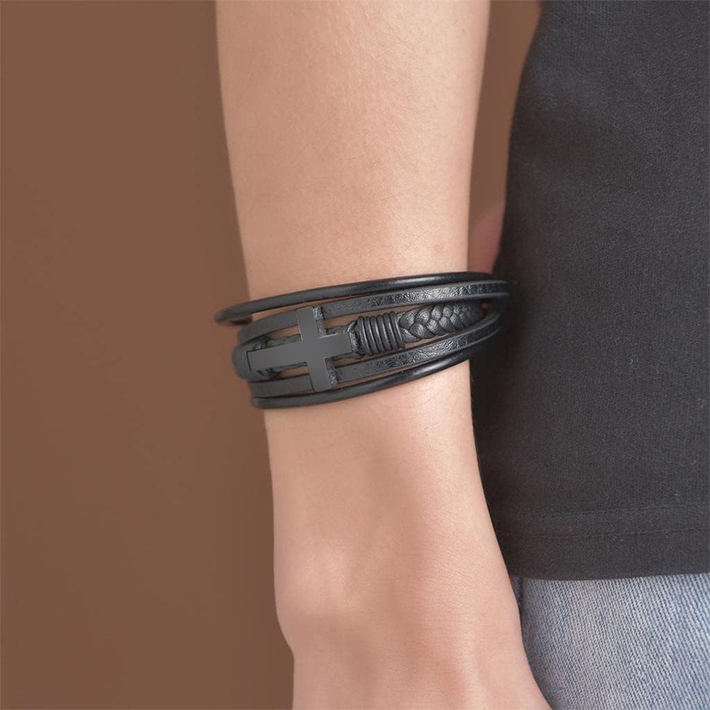 Herren Armband-Personalisiertes 2 Namen Leder Kreuz Kommunion Armband 