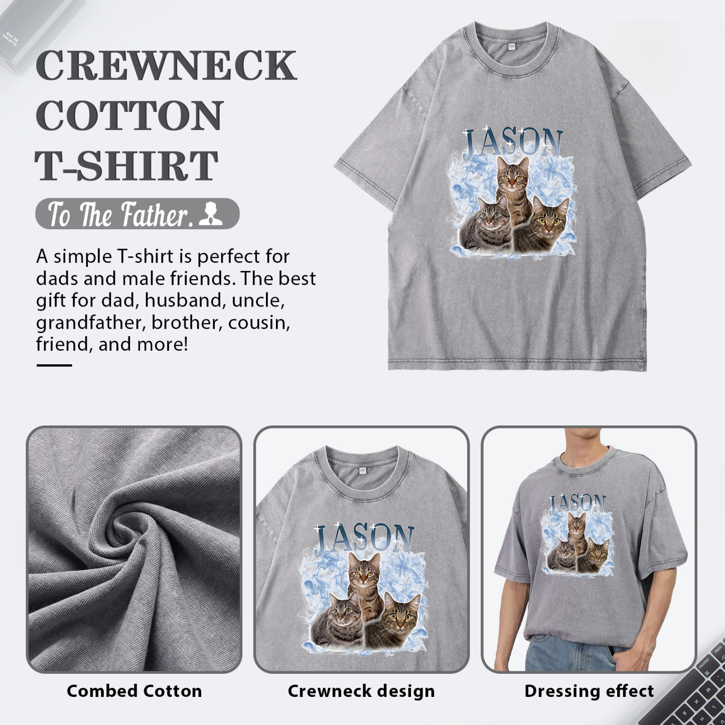 Personalisierte 3 Namen & 3 Fotos Haustier Herren Kurzarm T-Shirt