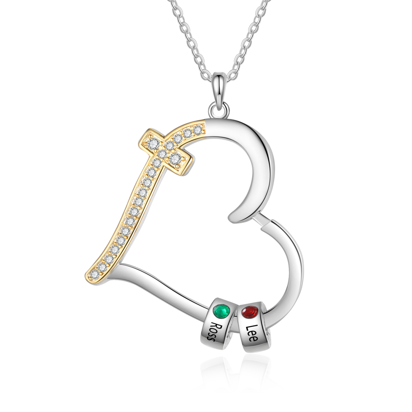 Personalisierte Herz-Halskette mit Kreuz, 2–5 Namen und Geburtssteinen