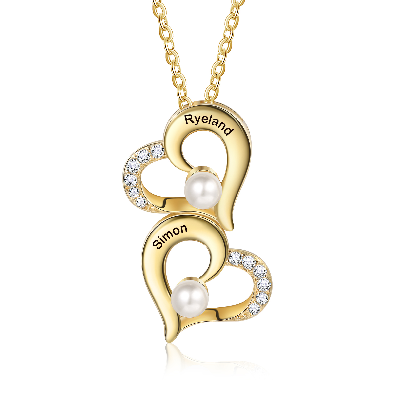 Personalisierte 2 Namen Herz Perle Halskette mit Zirkonia