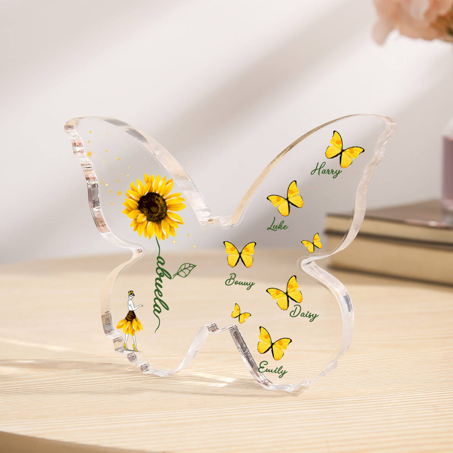 Schmetterling Acryl-Deko Personalisierte 5 Namen & Text Sonnenblume Familie Schreibtischdekoration