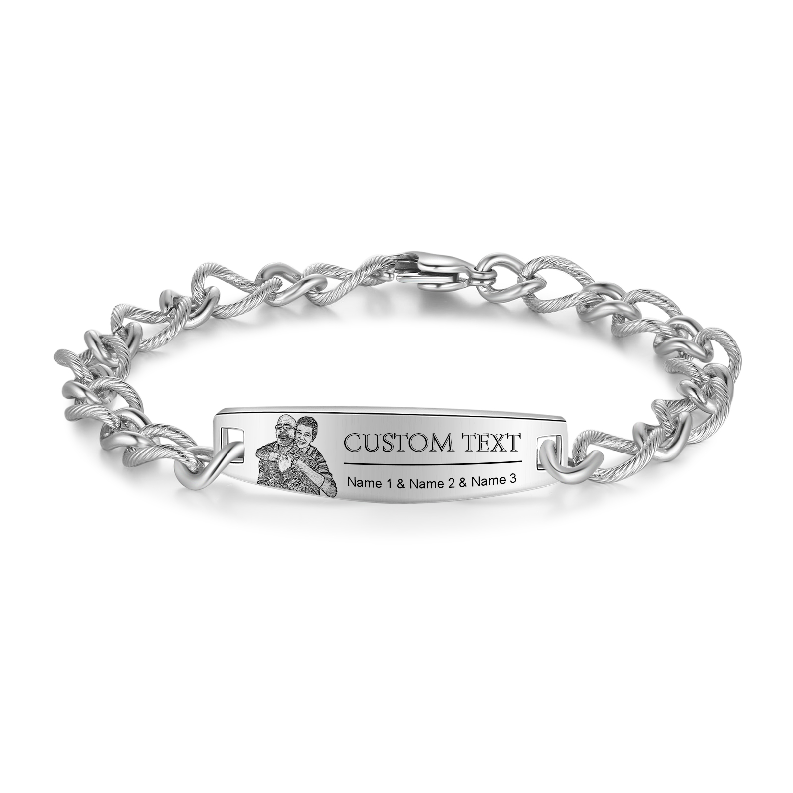 Herren Armband-Personalisiertes 3 Namen & Text & Foto Edelstahl Armband 