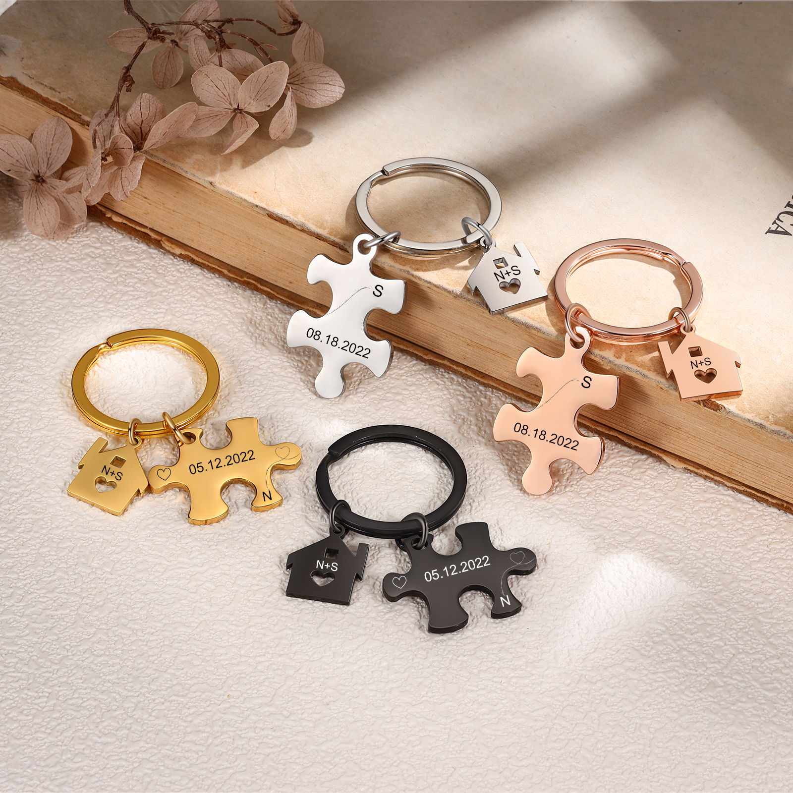 Personalisierte 2 Buchstaben & Datum Puzzle Metall Schlüsselanhänger