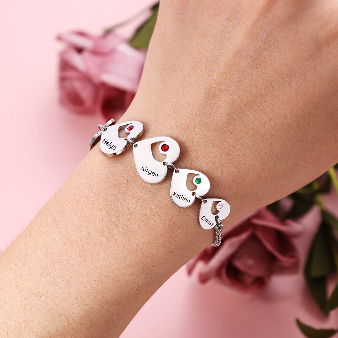 Personalisiertes 1 Name Herz Charm Armband mit 1 Geburtsstein-Geschenk mit Nachrichtenkarte