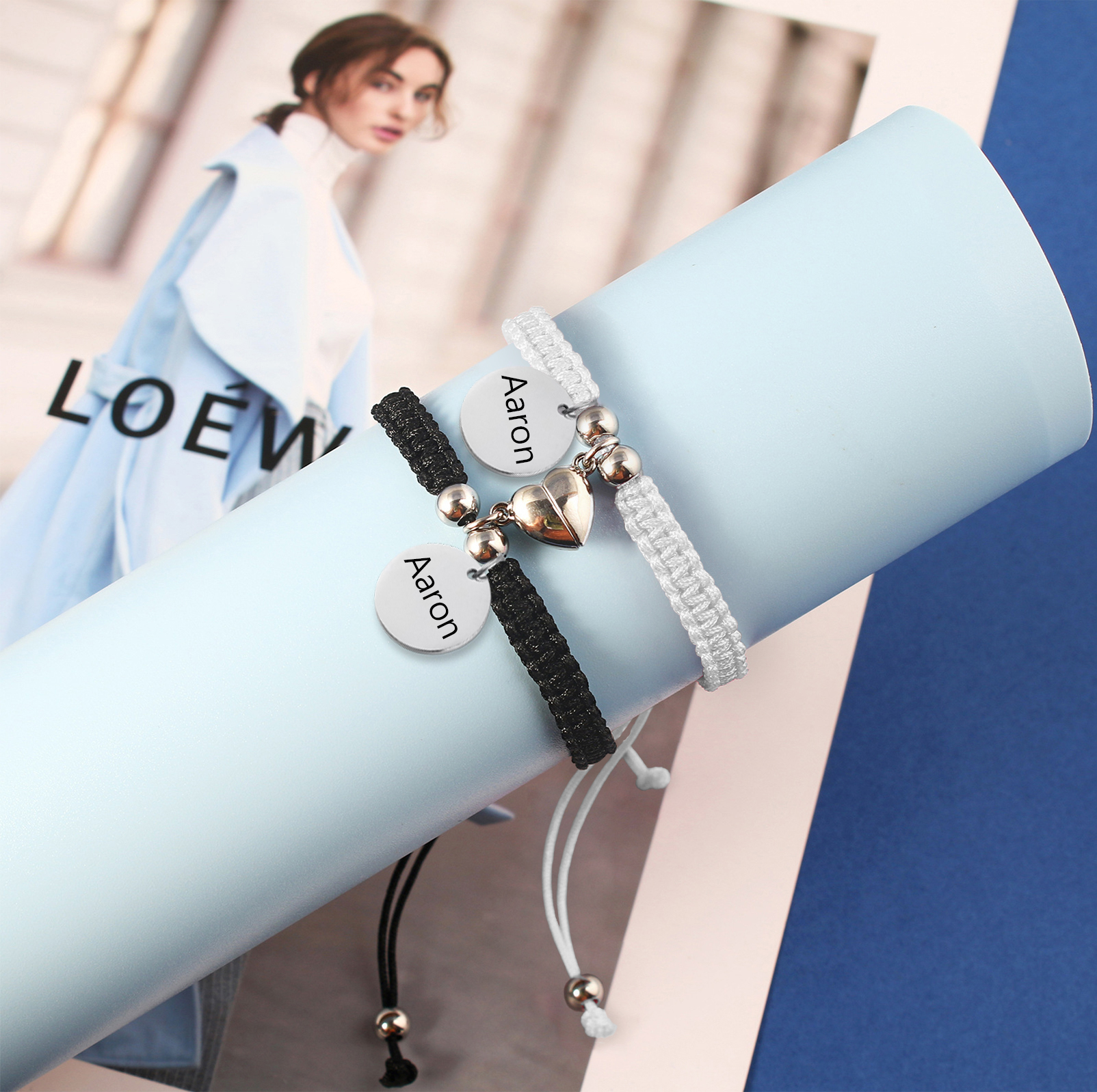 Personalisierte 2 Namen Paar Herz Marnet Handseil Armbänder Set für Liebespaar
