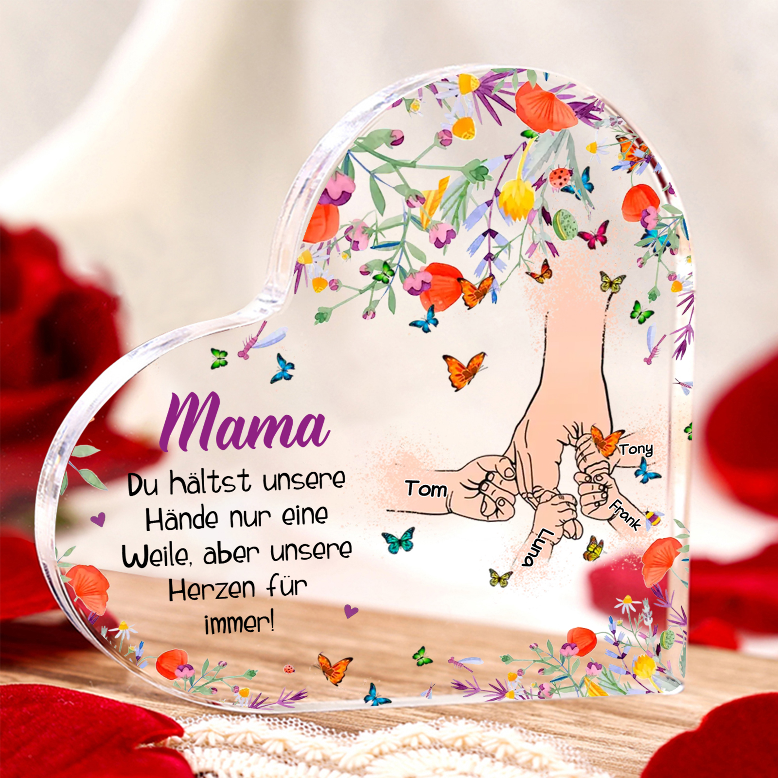 Personalisierte 4 Namen Herz Acryl-Deko Teddybär & Herzballon -Mama Du hältst mein Hand nur eine Weile, aber unsere Herzen für immer- Schreibtischdekoration für Mutter