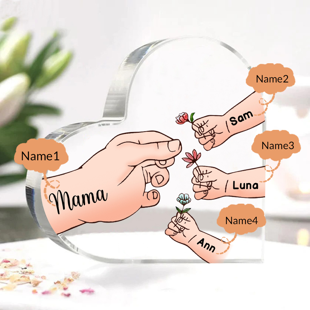 Personalisierte 4 Namen Mama Hand Familie Acryl-Deko Schreibtischdekoration für Mutter
