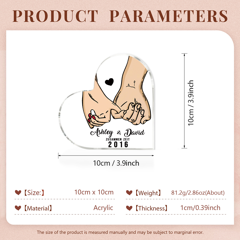 Personalisierte Text & Jahr Acryl-Deko Hand in Hand Schreibtischdekoration für Paar