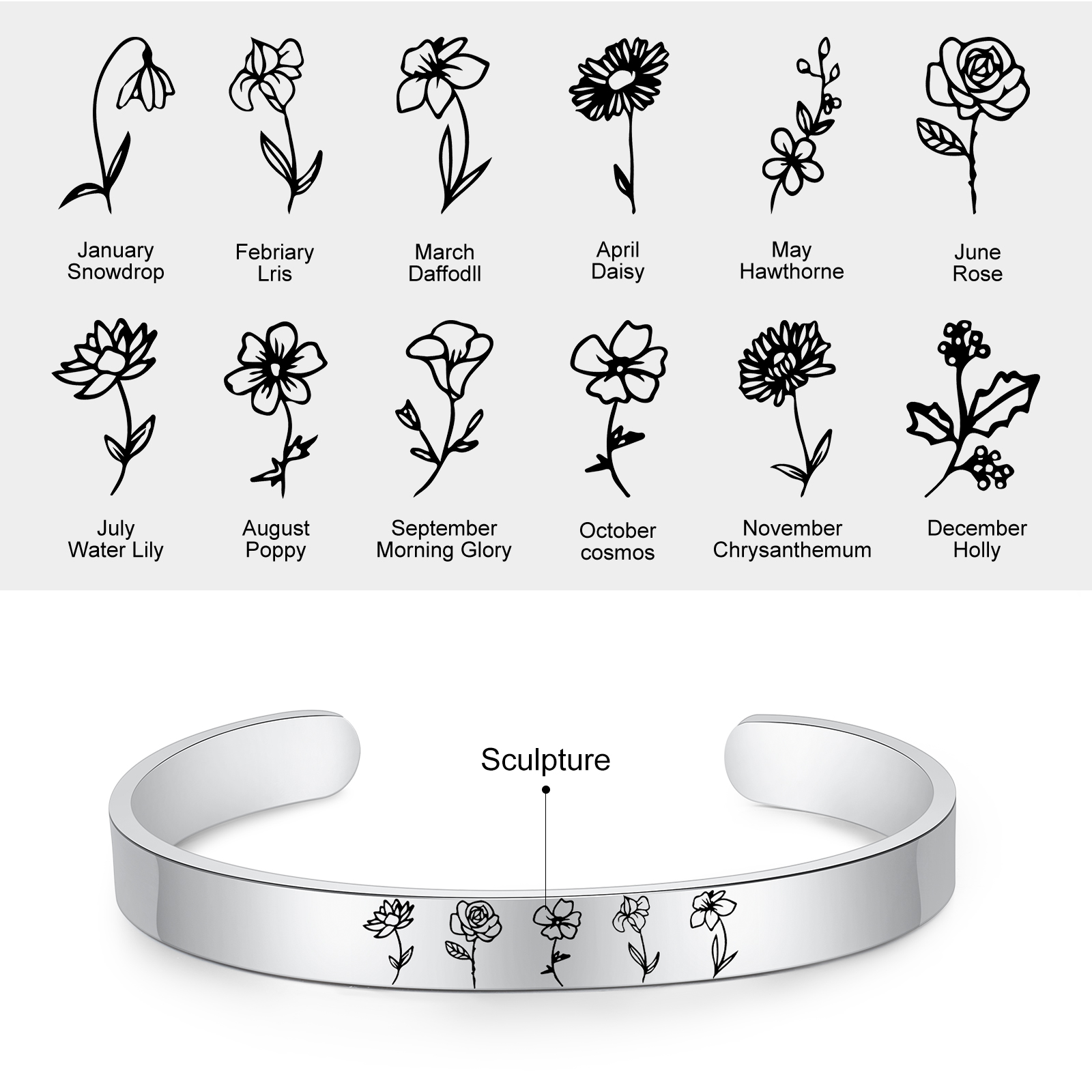 Wildblume Familie Armband 5 Blumen Personalisierte Garten Armband