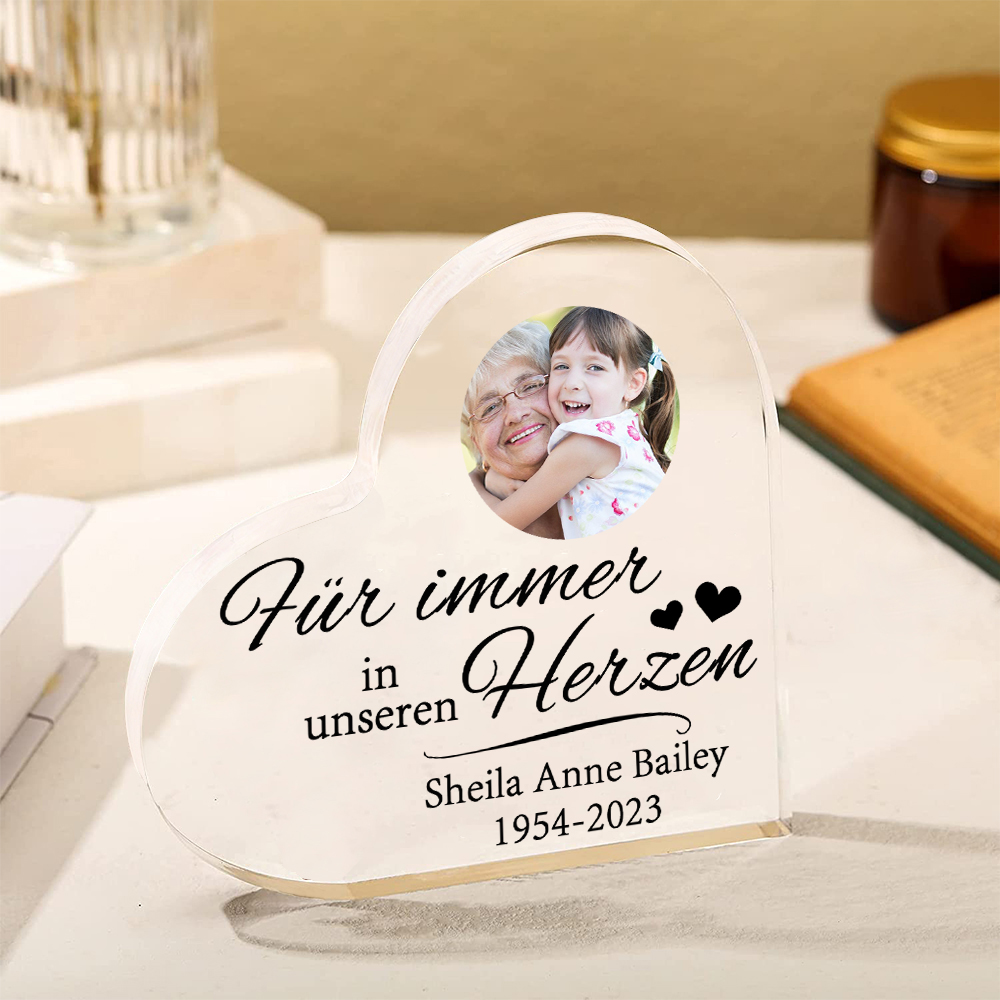 Personalisierter Text & Foto Acryl-Deko-Für immer in unseren Herzen-Trauer Schreibtischdekoration