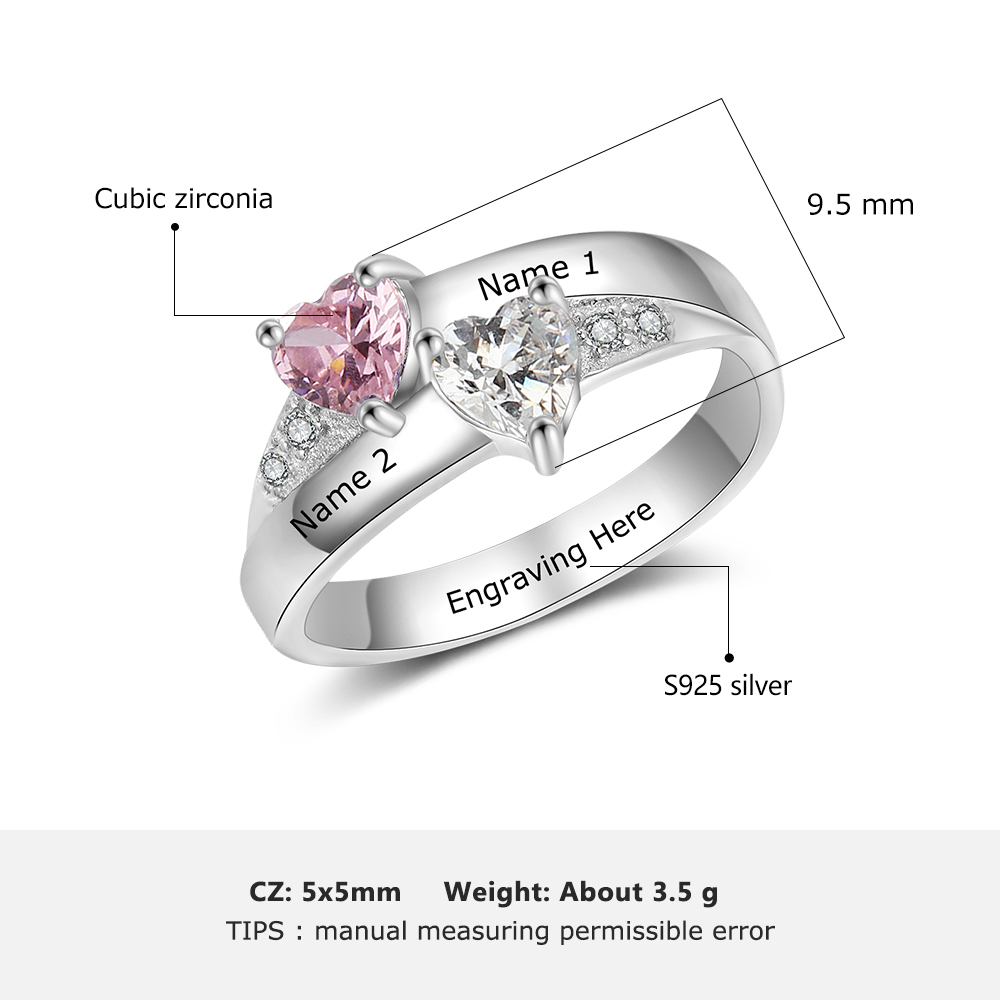 925 Sterling Silber Ring mit 2 Namen und 2 Geburtssteinen mit Gravuren