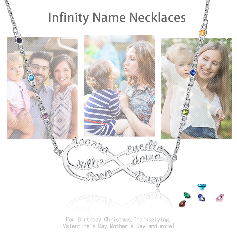 Benutzerdefinierte Unendlichkeit Infinity Halskette mit 6 Geburtssteinen und  6 Namen