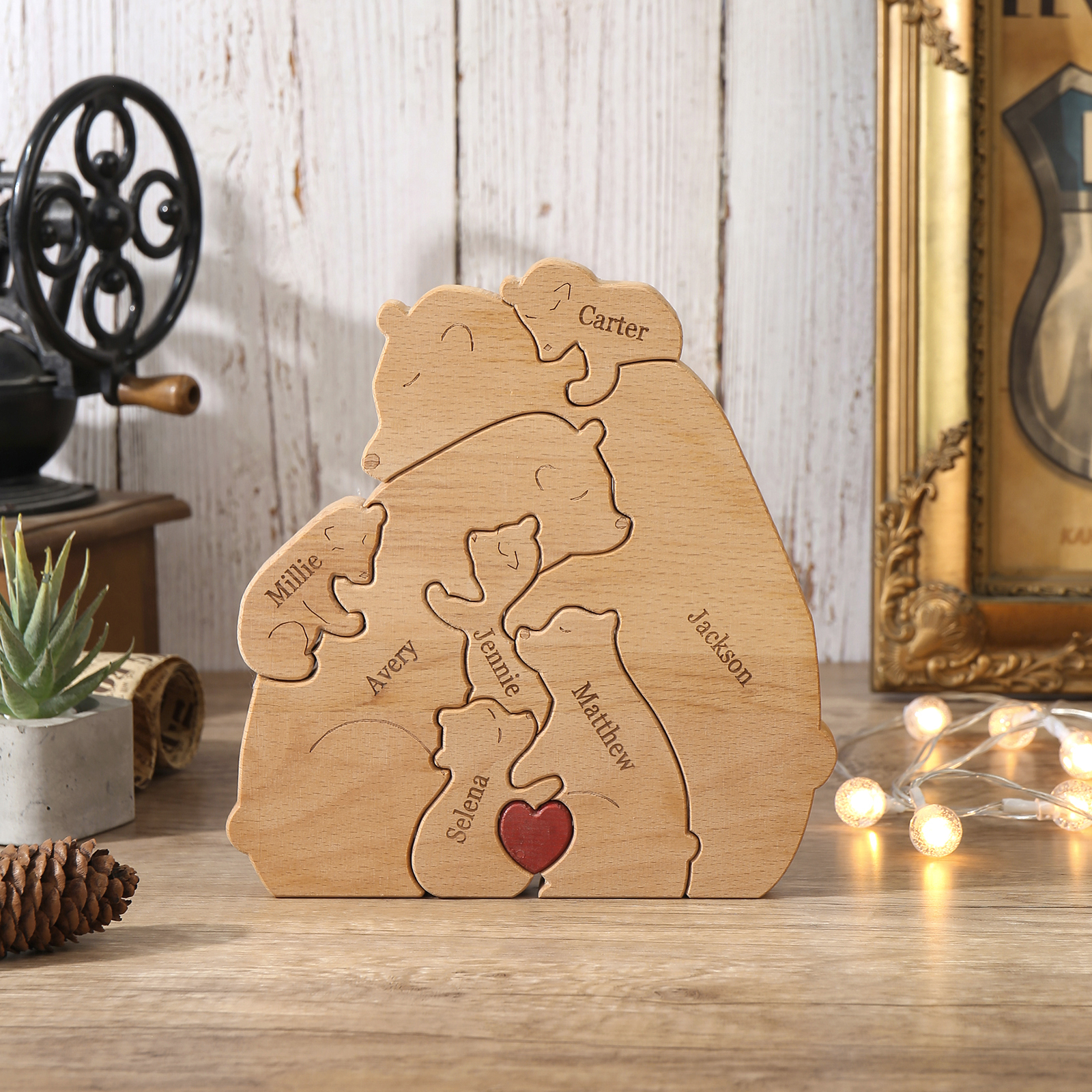 Holzskulptur-Personalisierte 7 Namen Bär Umarmung Familie Holz Deko