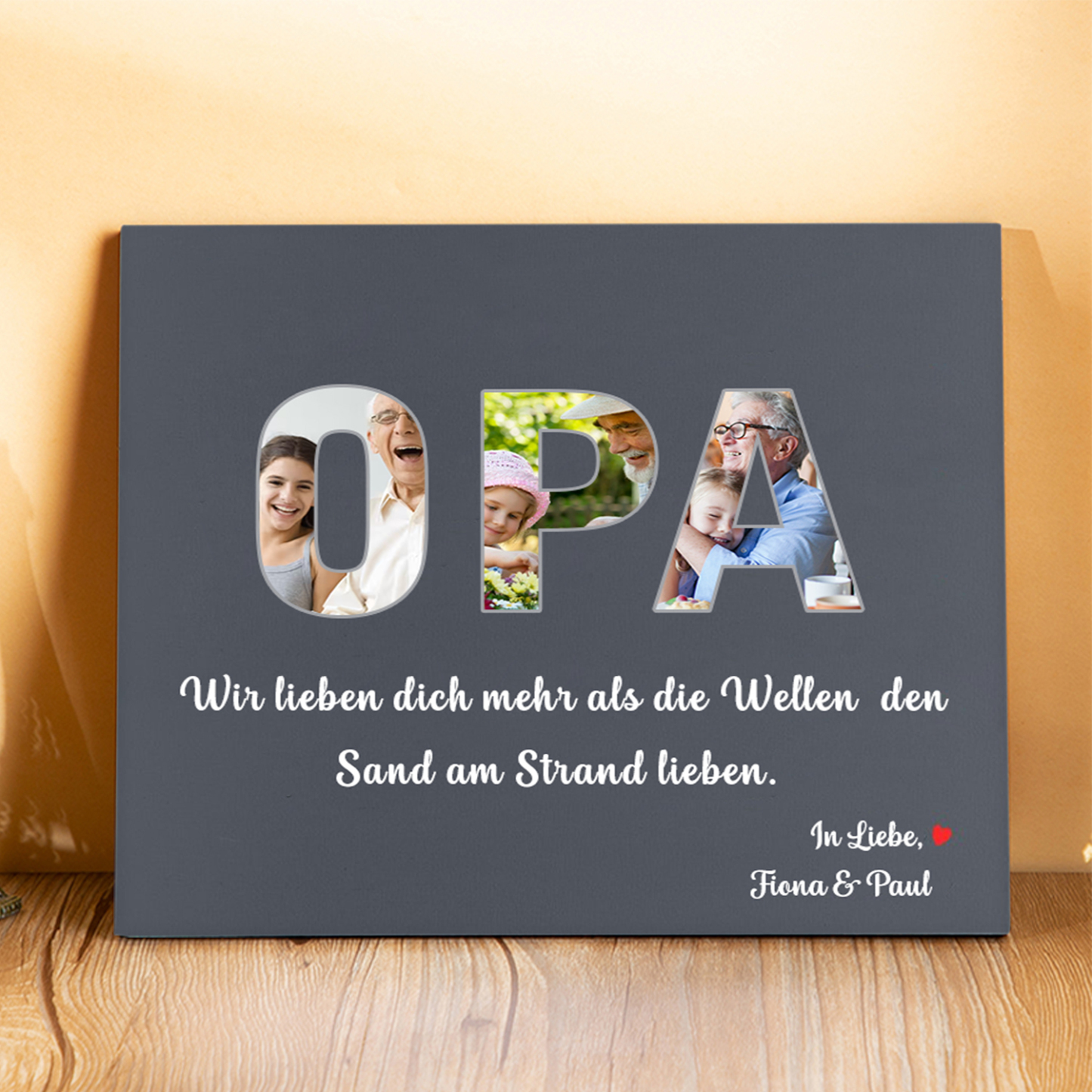 Opa Holzbild - Personalisierter Text & 3 Fotos grau Blau Holzdekoration
