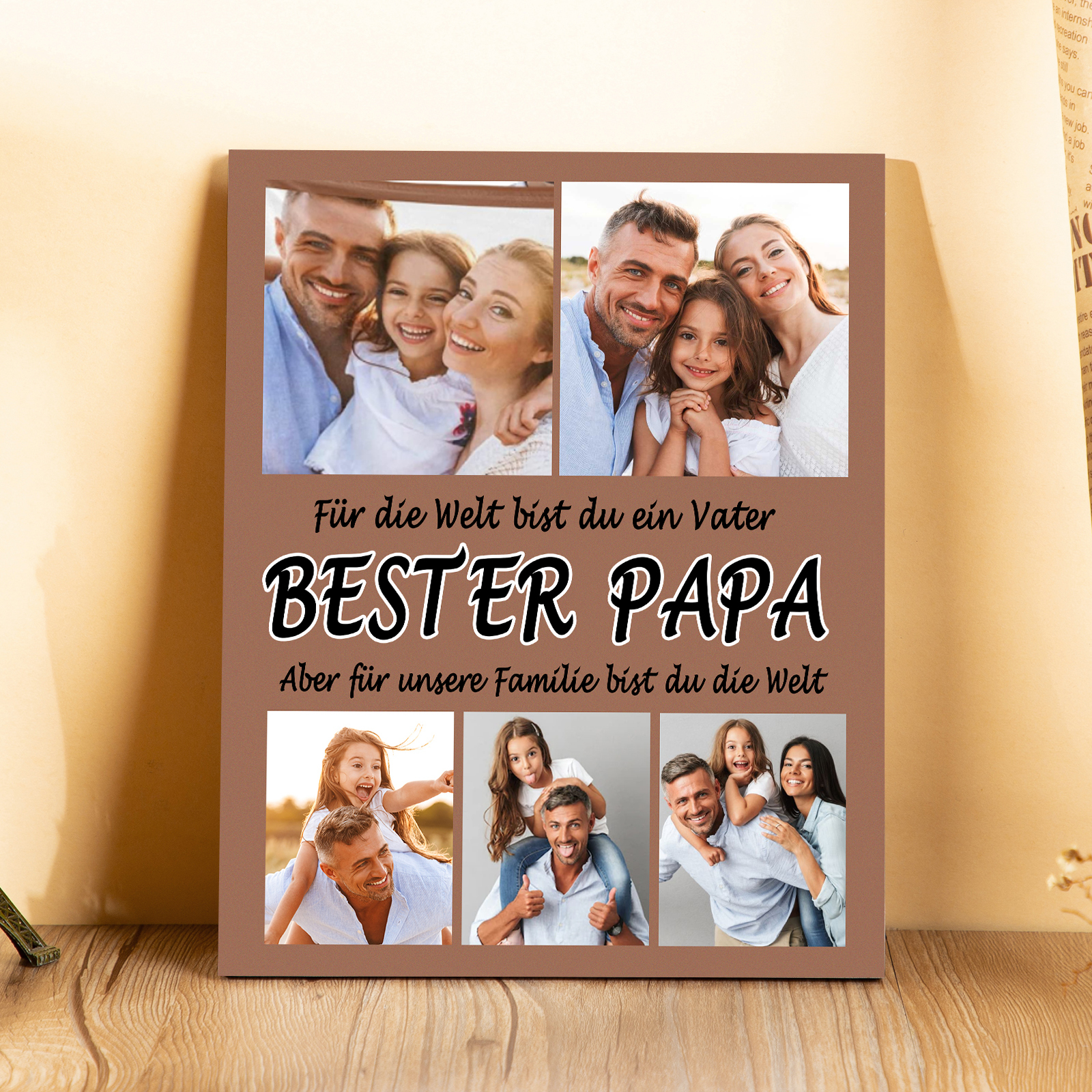 Vater Holzbild - Personalisierte 5 Fotos Holzdekoration-Bester Papa Für unsere Familie bist du die Welt