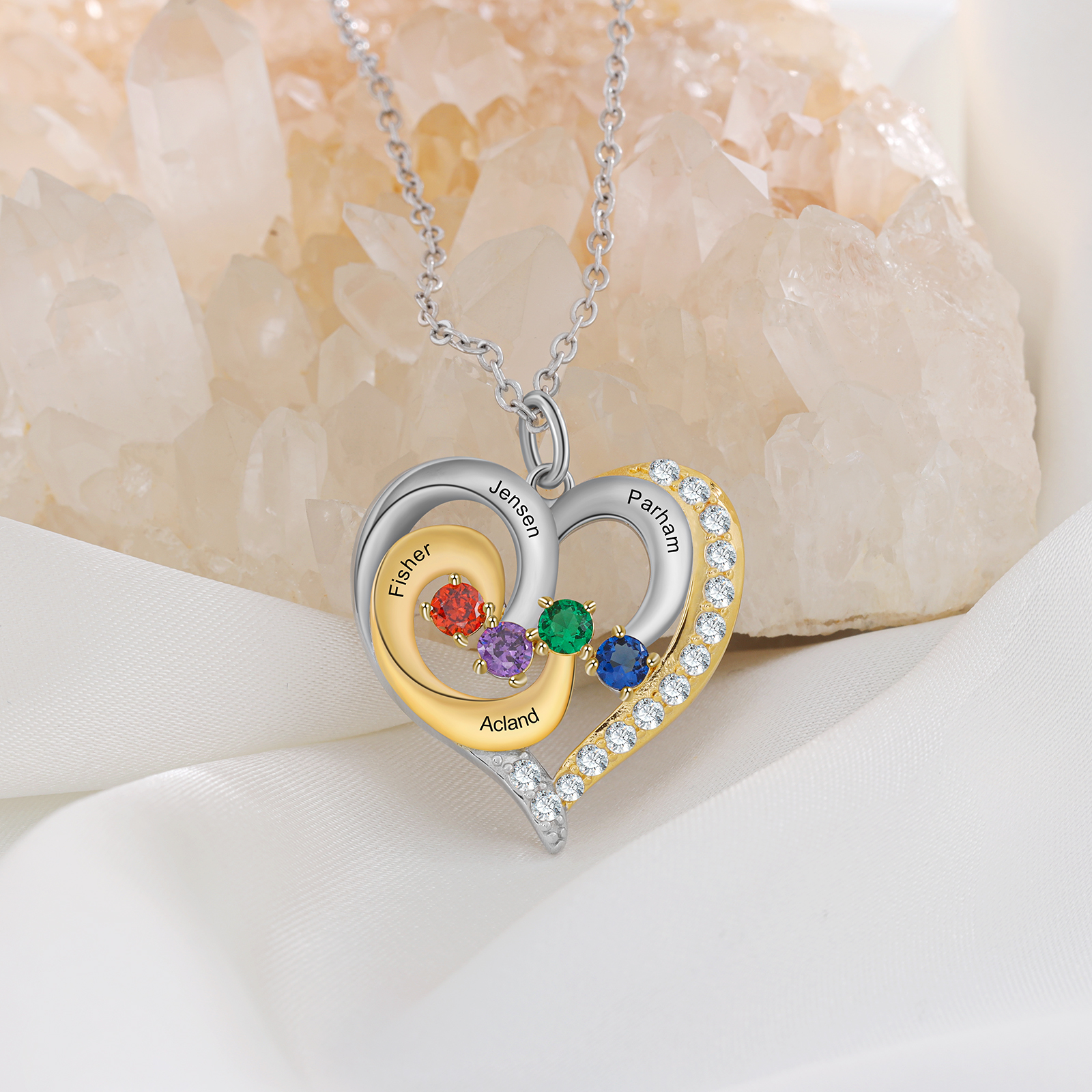S925 Silber Gravur 4 Namen Herz Halskette mit 4 Geburtssteinen