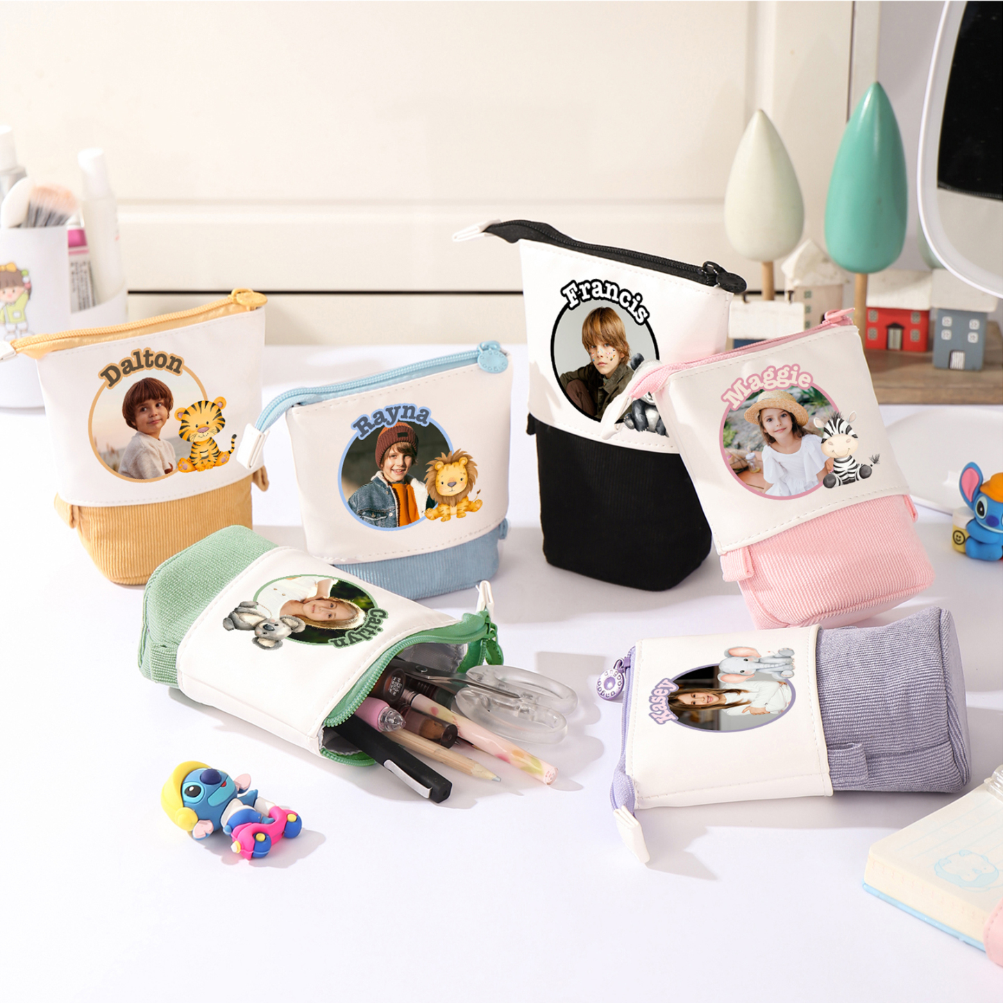 Personalisierter Name & Foto & Tiertyp Leinwand PU-Leder Stifteetui Stifttasche