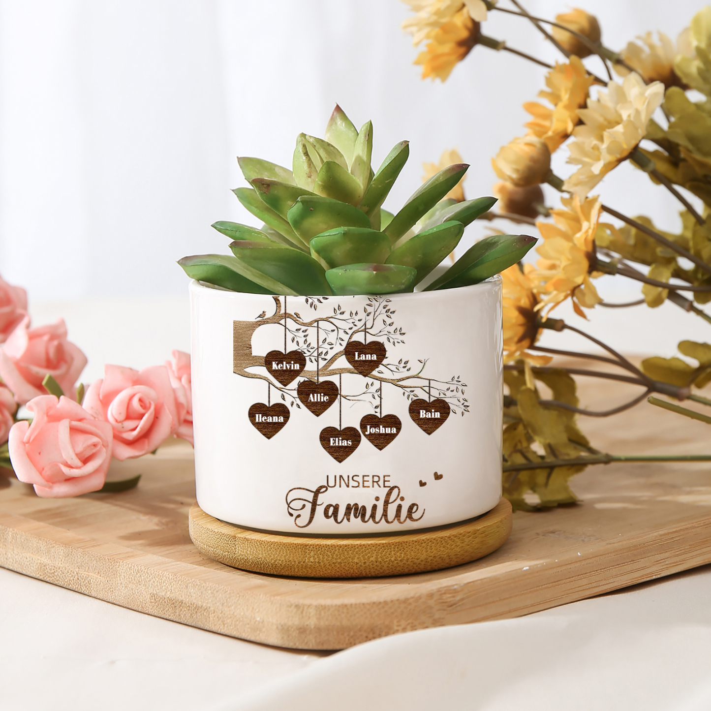Personalisierbarer Text & 7 Fotos Familienbaum Familie Blumentopf