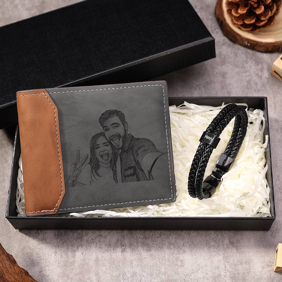 Personalisiertes Foto & Name & Buchstabe Geldbörse & 1 Name Schwarz Armband Geschenkpackung Geschenkbox Set für Opa