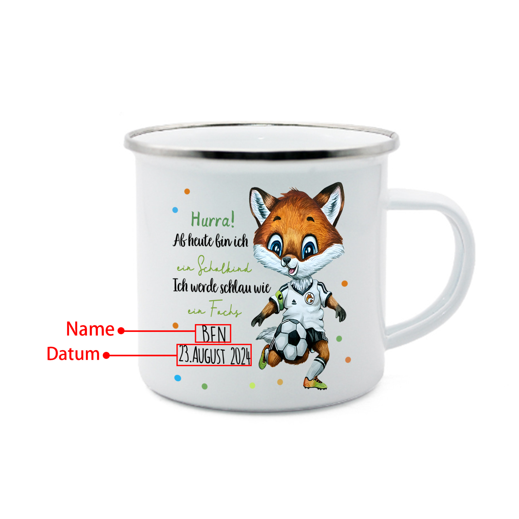 Schulanfang Geschenkset-Personalisierter Name & Datum Emaille Tasse & Personalisierte 2 Texte Stifteetui & Dino Armbänder Set - Geschenk für Schulkind mit Geschenk Box