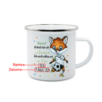 Schulanfang Geschenkset-Personalisierter Name & Datum Emaille Tasse & Personalisierte 2 Texte Stifteetui & Dino Armbänder Set - Geschenk für Schulkind mit Geschenk Box