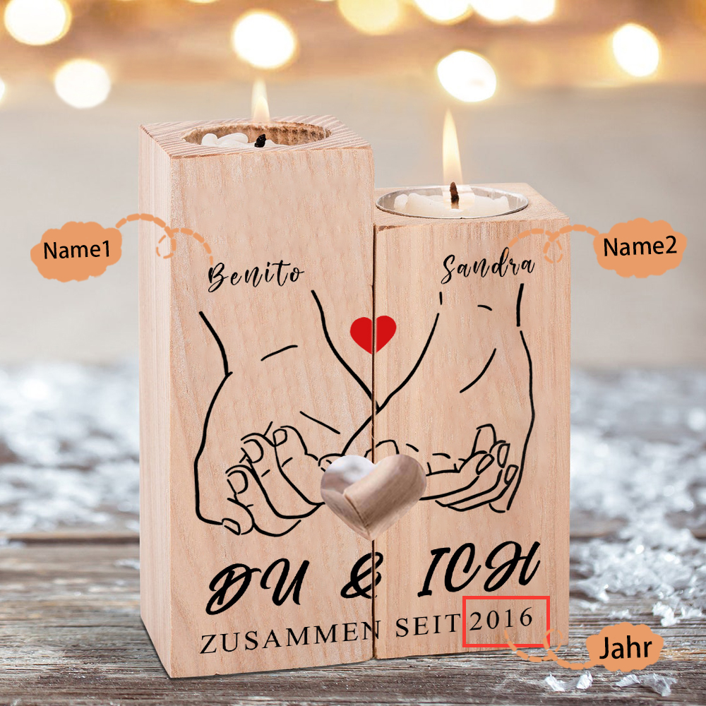 Personalisierte 2 Namen & Jahr Kerzenhalter -Du & Ich- Hölzerne Kerzenständer Hochzeitstag Valentinstag Geschenke