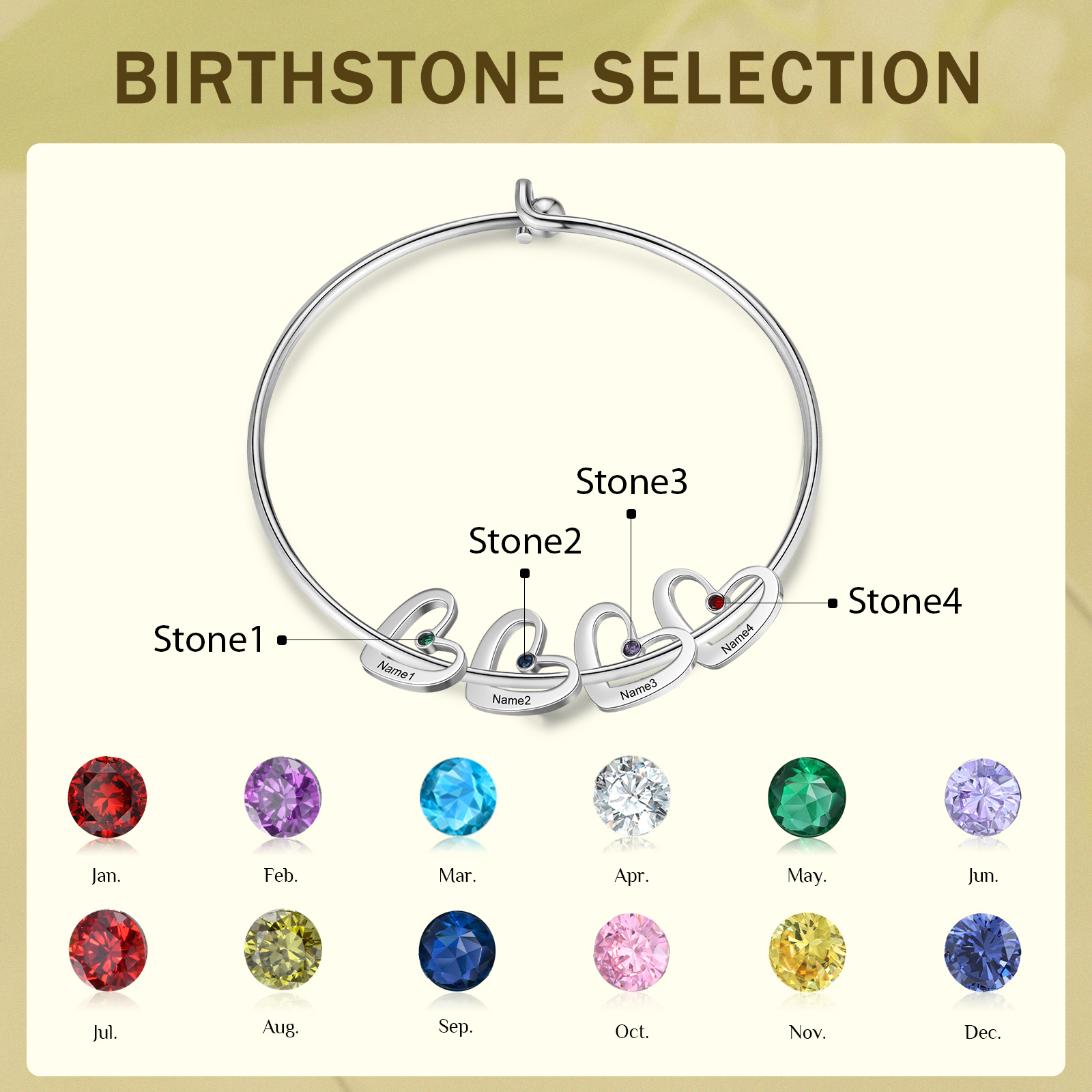 Benutzerdefinierte 4 Namen Herz Charme Armband mit 4 Geburtssteinen