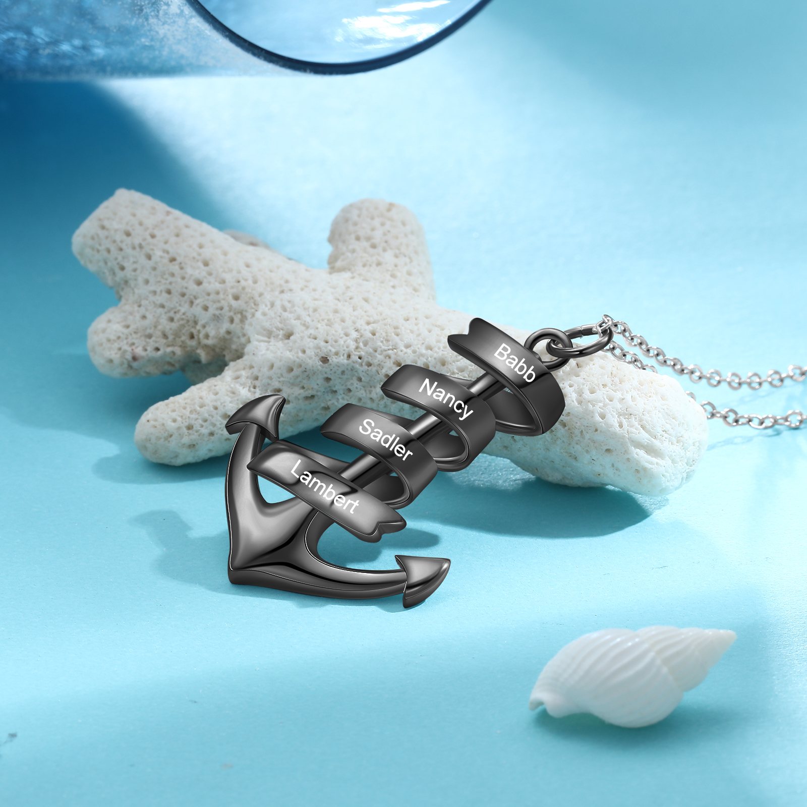 925 Sterling Silber Personalisierte 4 Namen Anker Halskette für Vater -Geschenk mit  Meer Nachrichtenkarte