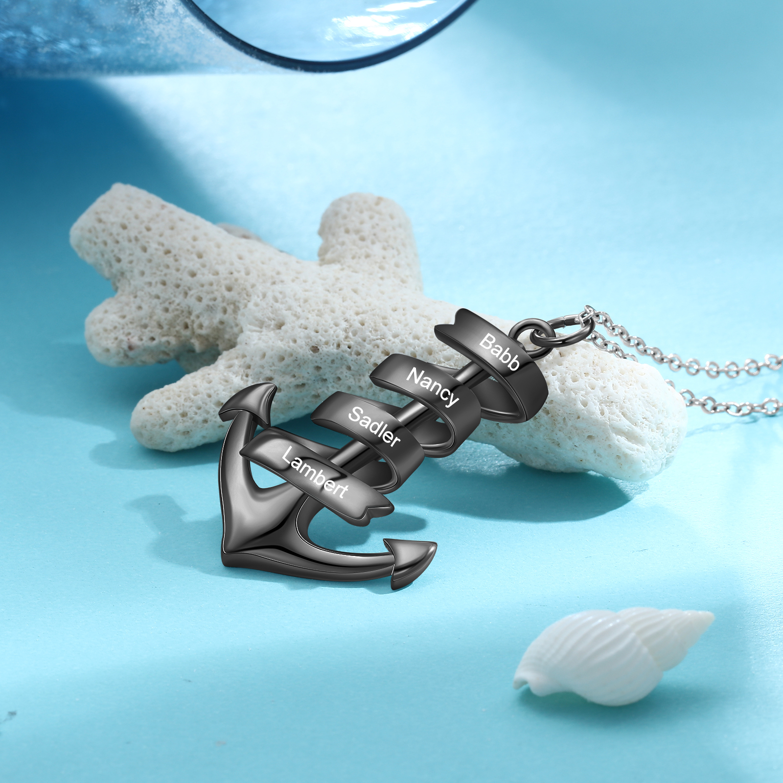 925 Sterling Silber Personalisierte 4 Namen Anker Halskette für Vater -Geschenk mit Meer Nachrichtenkarte