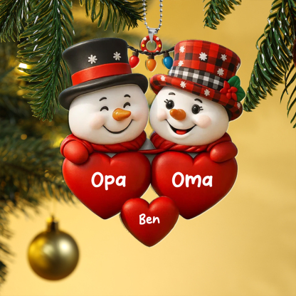 Personalisiertes Schneemann-Ornament mit Gnom für den Weihnachtsbaum – Opa & Oma – mit Namen der Enkel, Geschenk für Großeltern