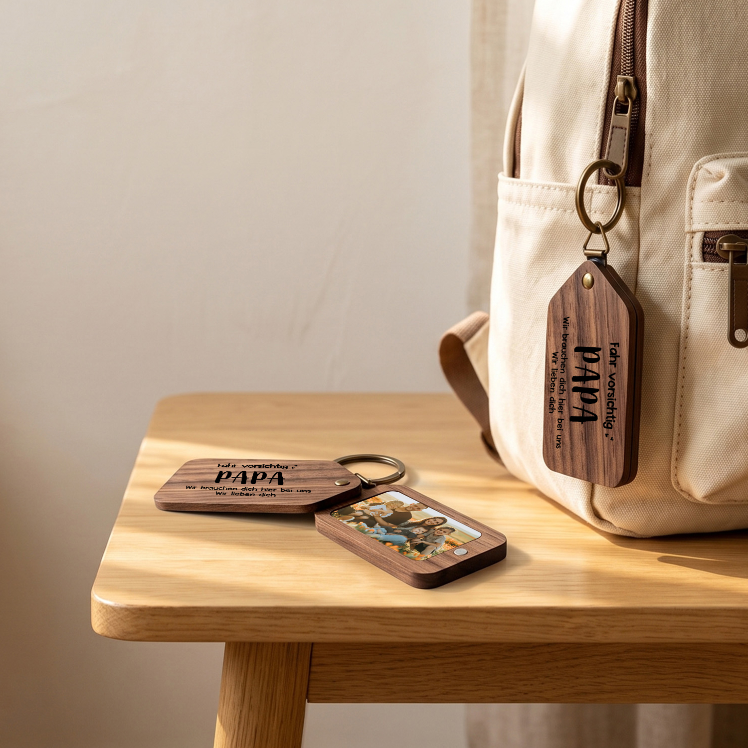 Personalisierter Foto-Schlüsselanhänger aus Holz mit dem Spruch Fahr vorsichtig Papa Geschenk zum Vatertag