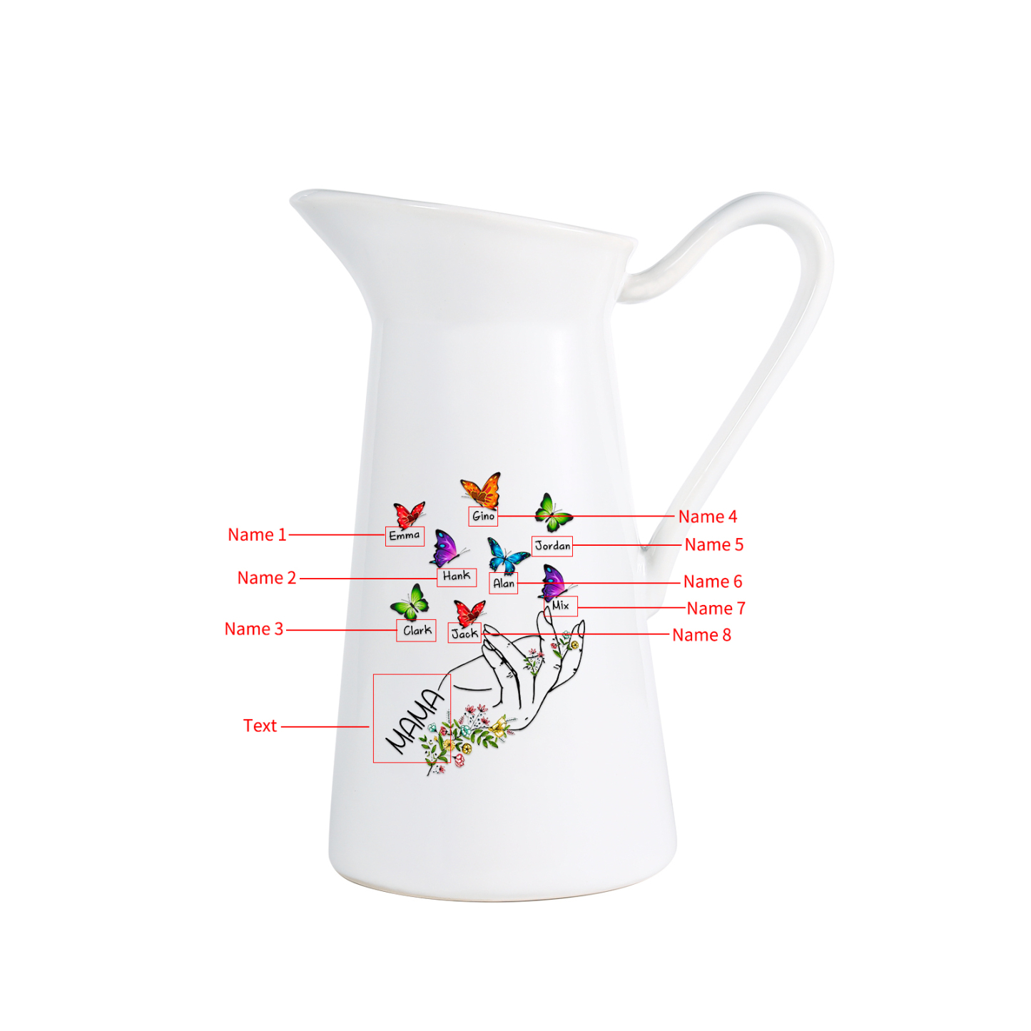 Personalisierte 8 Namen & Text Schmetterling in der Hand Gießvase mit Henkel Familie Vase