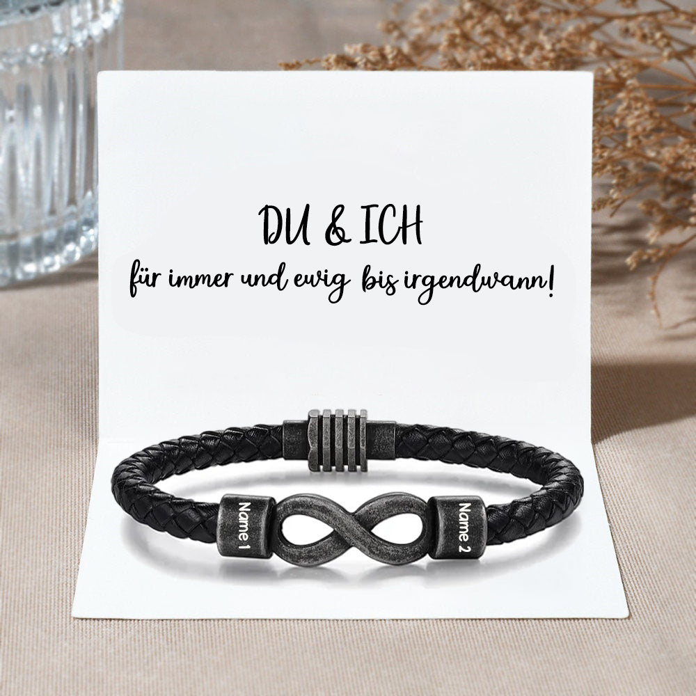 Herren Personalisierte 2 Namen & Text Leder Infinity Armband mit Vintage Edelstahl Perle-Geschenk mit Nachrichtenkarte