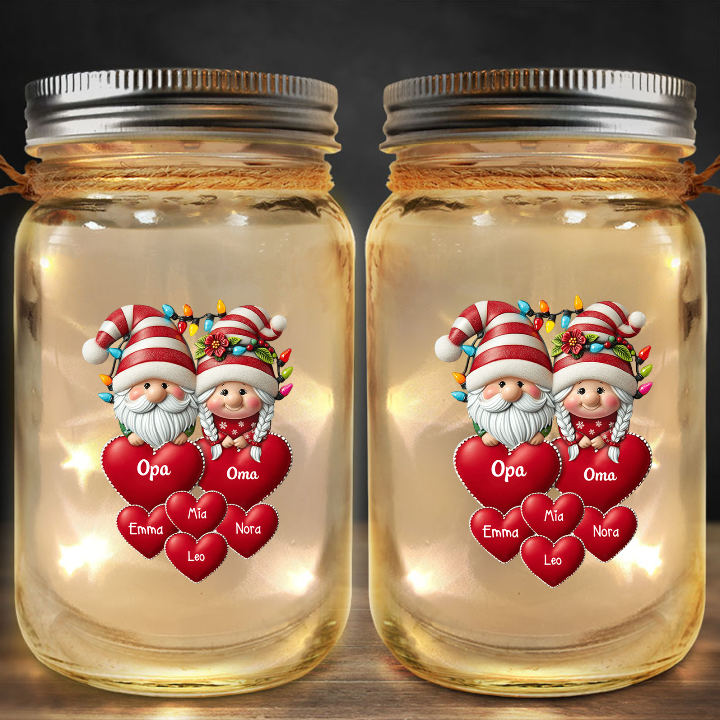 Personalisierte Solar-LED-Glasflasche im Einmachglas-Stil mit 2 bis 17 Vornamen — Weihnachtslaterne, Geschenk für Großeltern von den Enkelkindern, gemütliche Deko fürs Zuhause | Kettenmachen