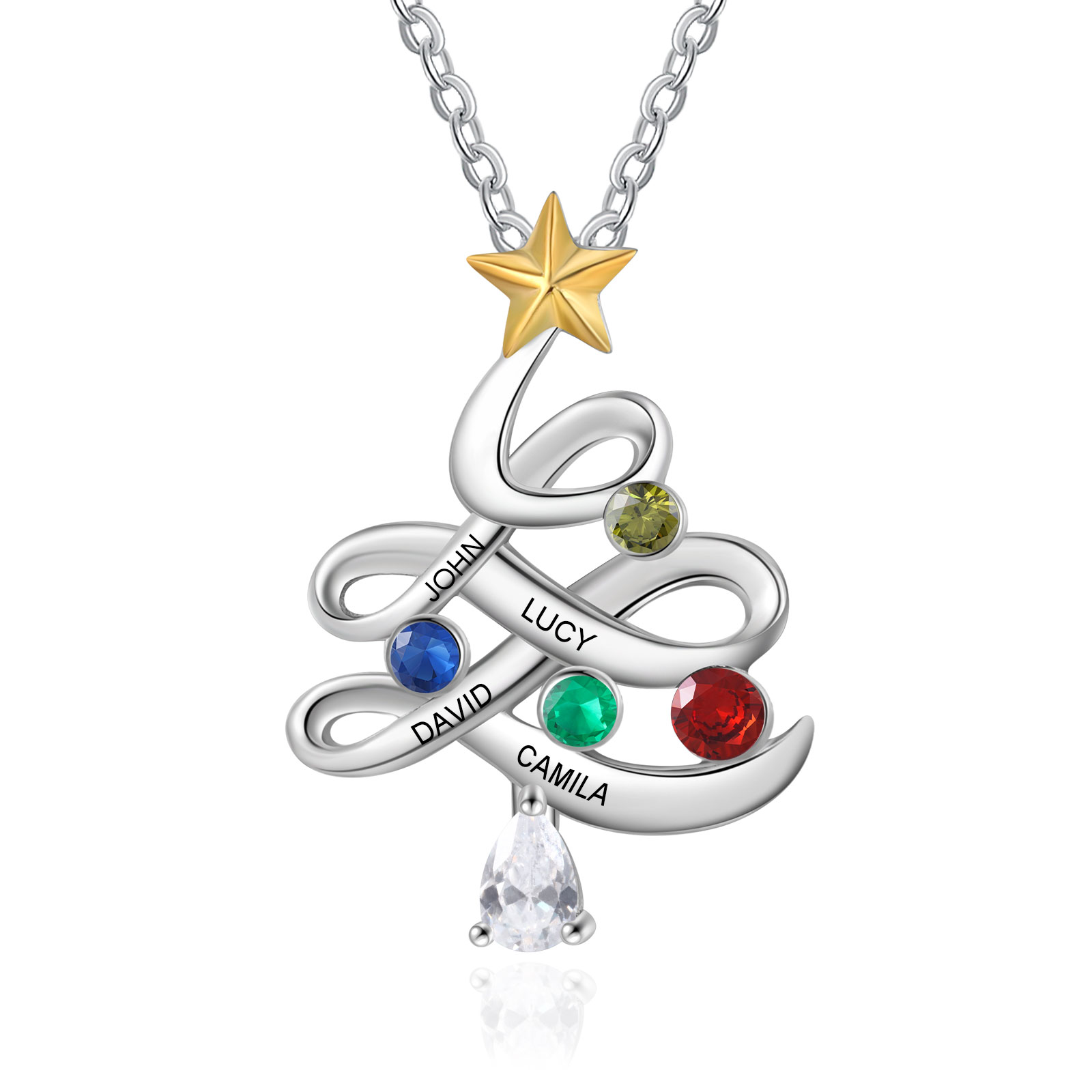 Personalisierte 4 Namen Weihnachtsbaum Halskette mit Geburtssteinen 