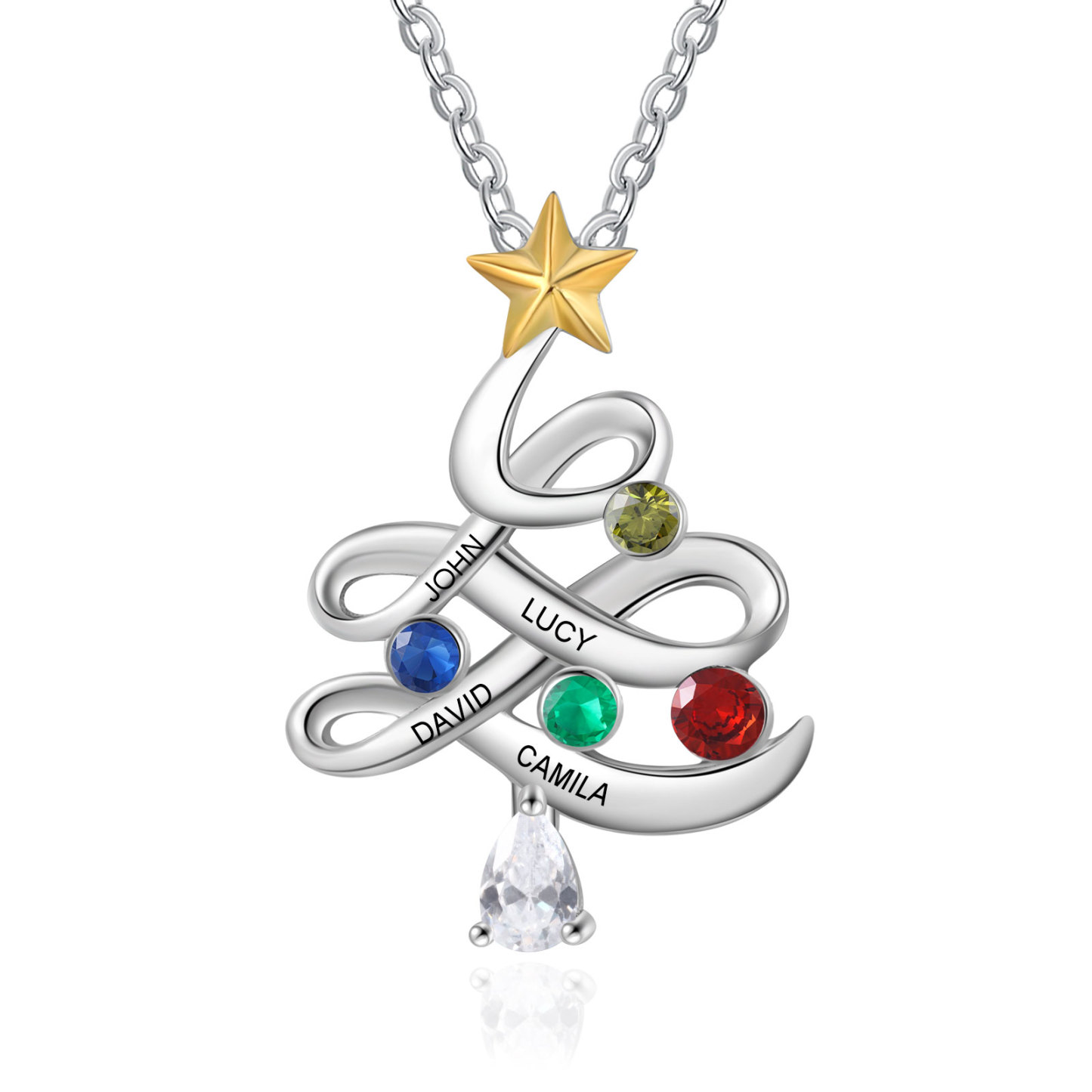 Personalisierte 4 Namen Weihnachtsbaum Halskette mit Geburtssteinen 