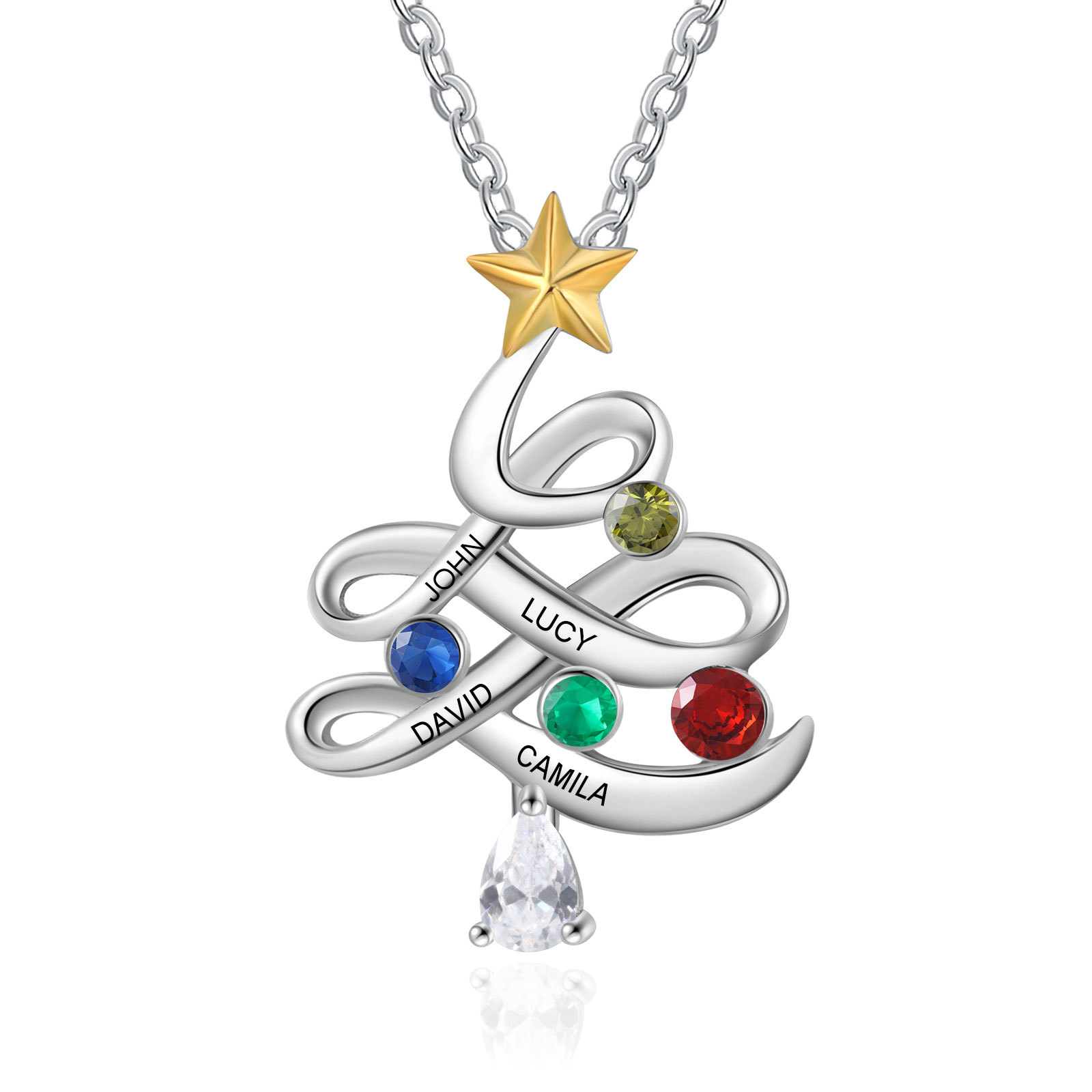 Personalisierte 4 Namen Weihnachtsbaum Halskette mit Geburtssteinen 