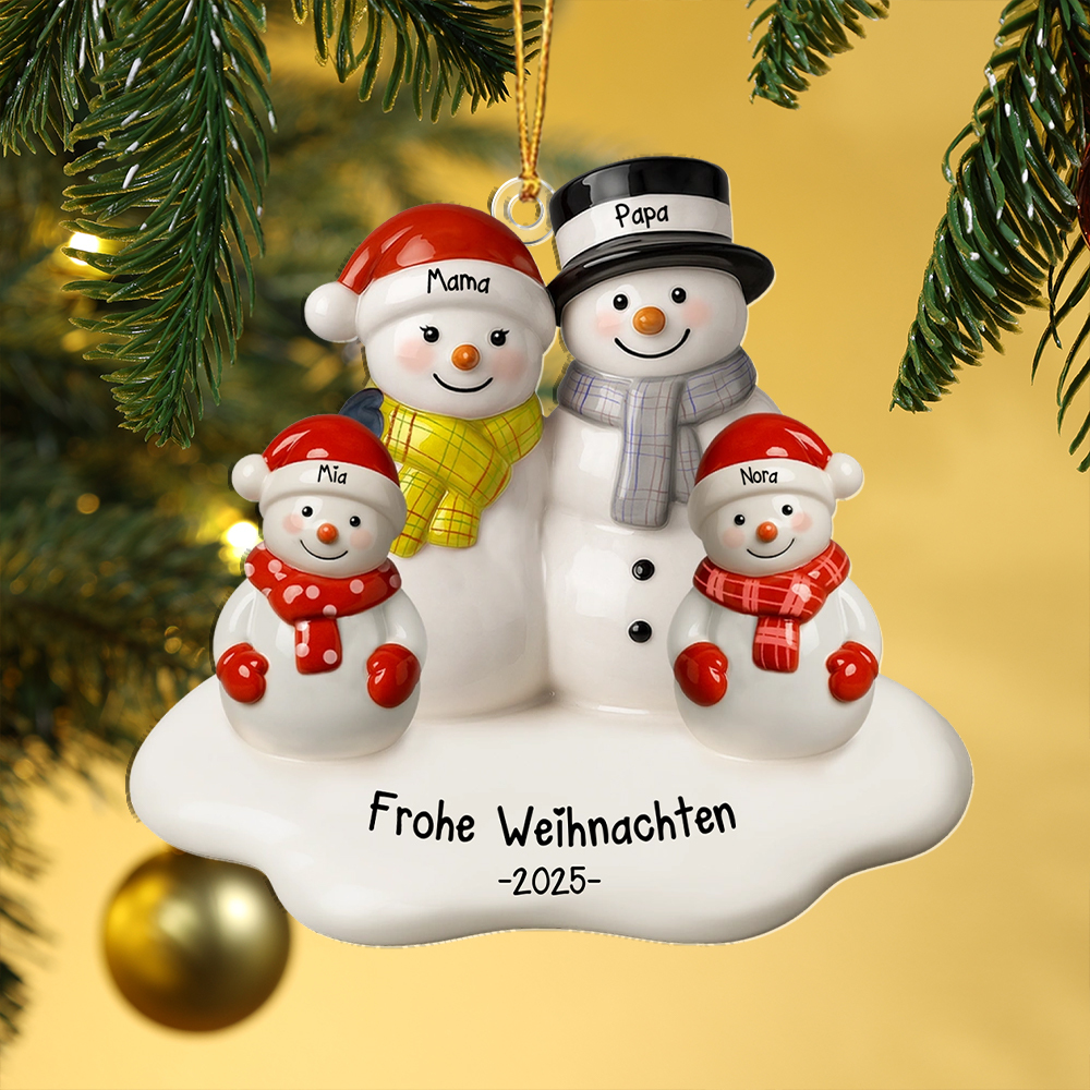 Personalisierter Weihnachtsbaumschmuck: Ein Schneemann für eine vierköpfige Familie, ein perfektes Geschenk für Ihre Lieben.