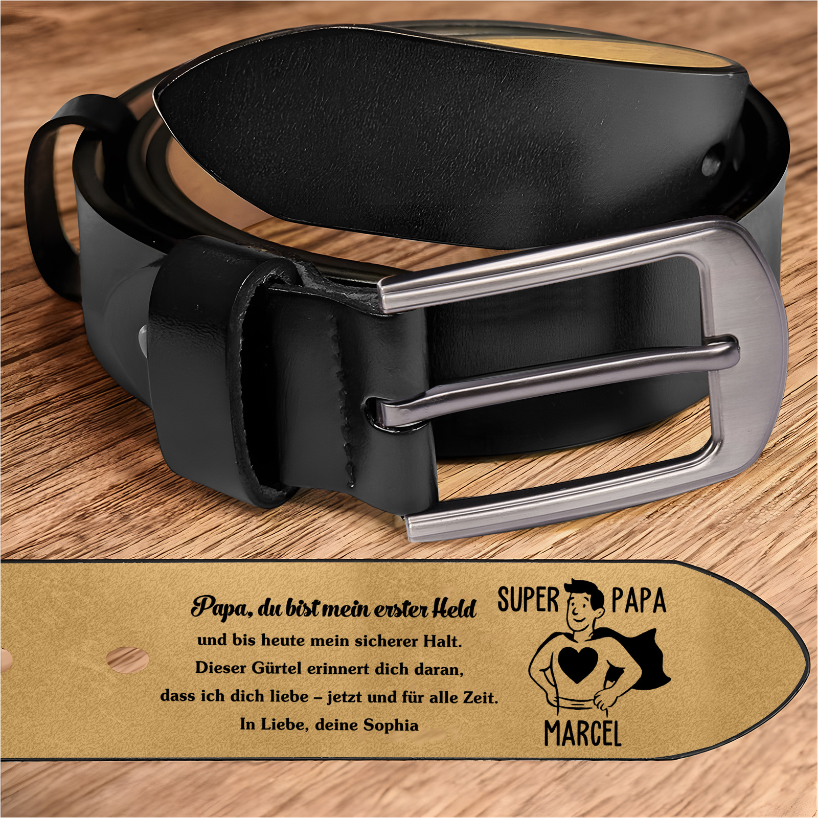 Personalisierter Ledergürtel mit Gravur Super Papa und Namen Herren Gürtel Geschenk zum Vatertag