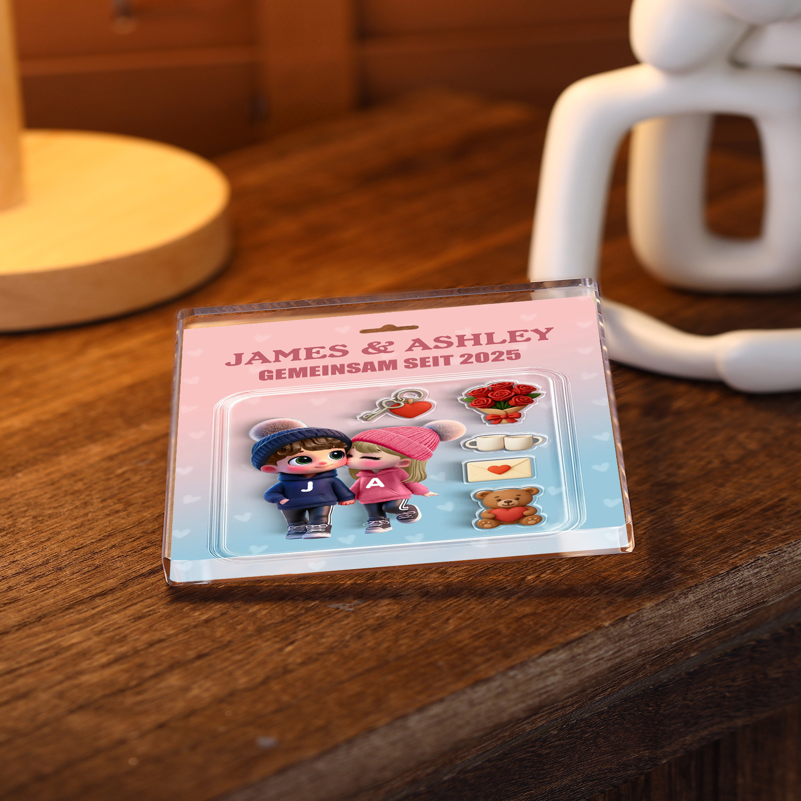 Personalisierter 3D-Acrylblock – Chibi-Paar, Figuren personalisierbar und „Gemeinsam seit + Jahr“