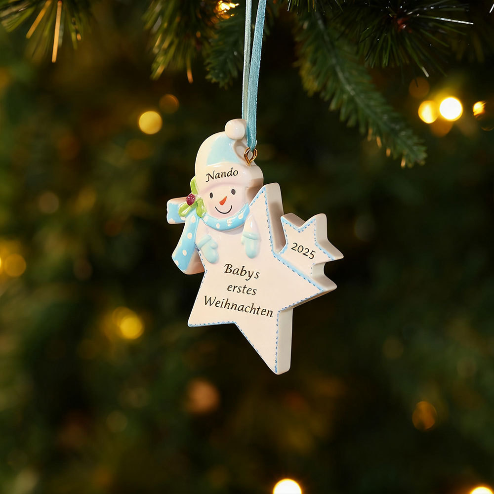 Personalisierter Stern-Weihnachtsanhänger mit Schneemannmotiv – Babys erstes Weihnachten, Christbaumschmuck
