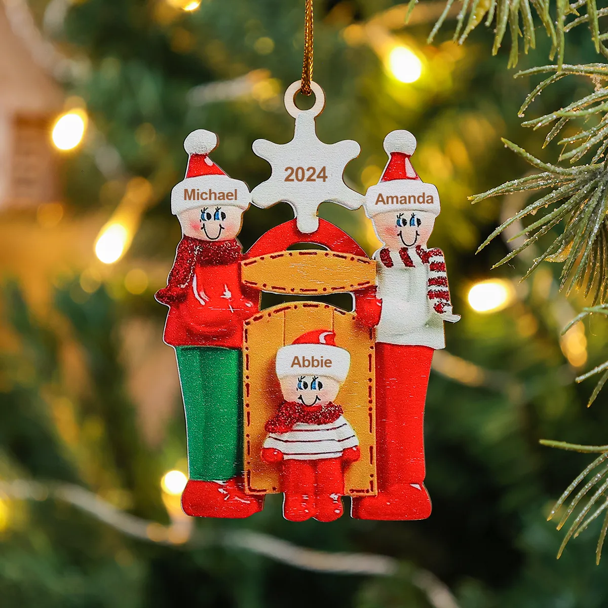 Holz Personalisierte 3 Namen & Text Familie vor der Tür Weihnachtsornament mit 3 Familienmitgliedern 