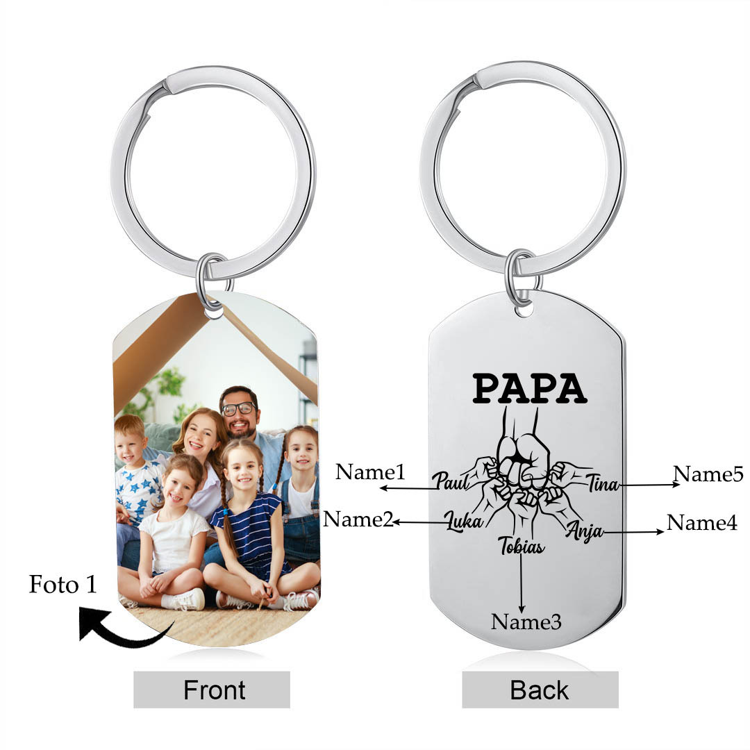 Personalisierbares Foto & 5 Namen Papa Faust Schlüsselanhänger-Geschenk für Vater