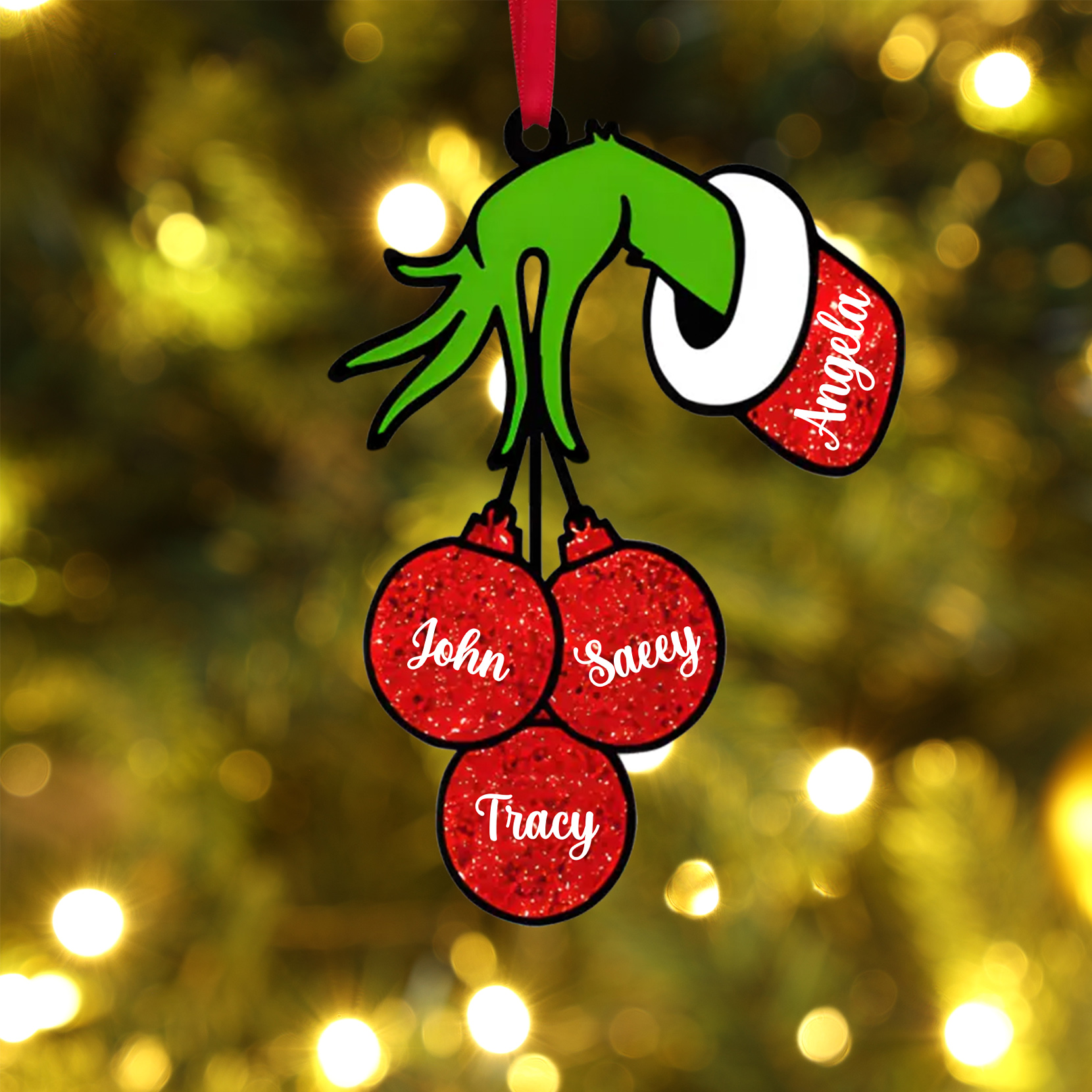Personalisierte 4 Namen Grinch Weihnachtsornament Weihnachtsbaum Anhänger