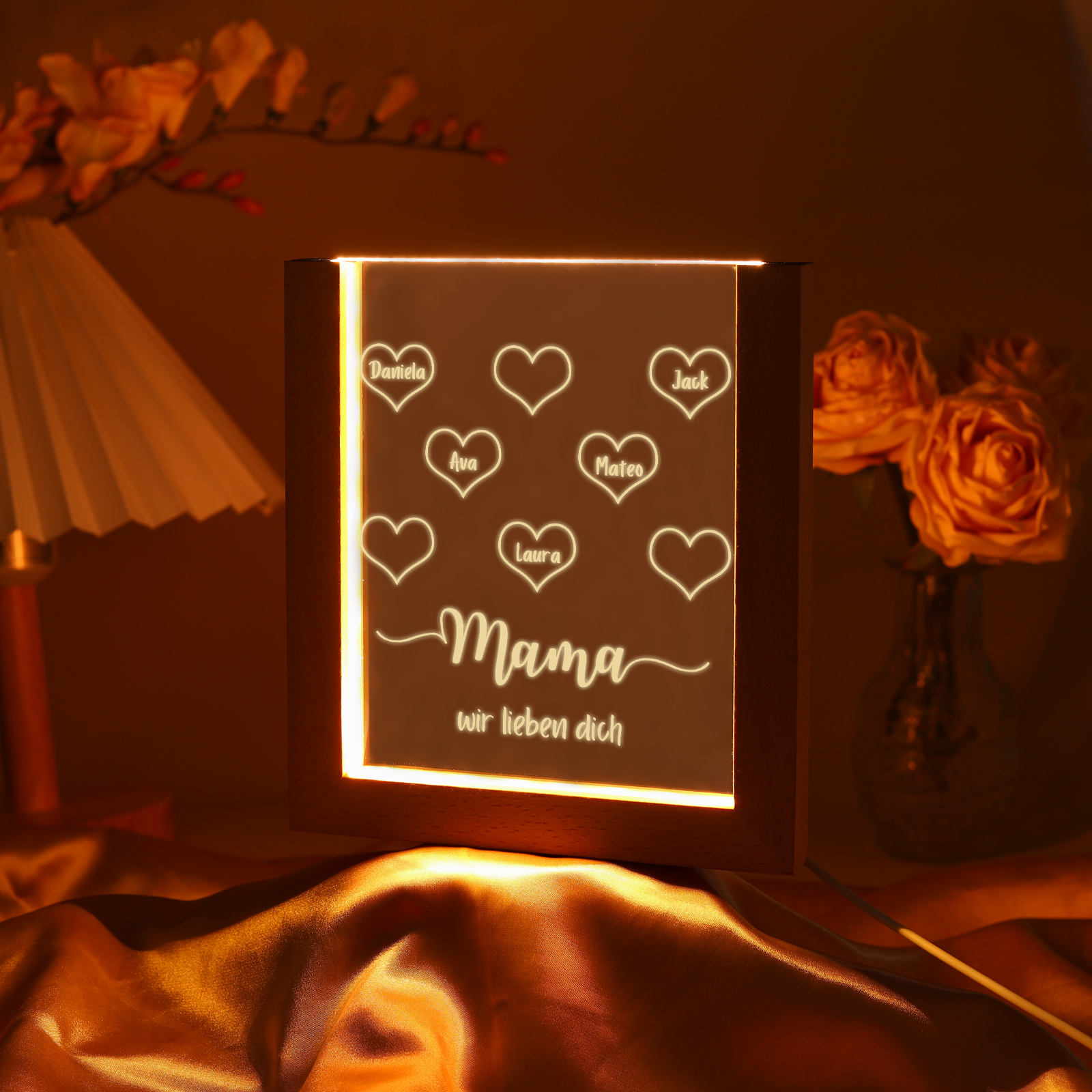 Personalisierte 5 Namen & Text Herz Familie Acryl Rahmen Nachtlicht Geschenk für Großmutter/Mutter zum Muttertag
