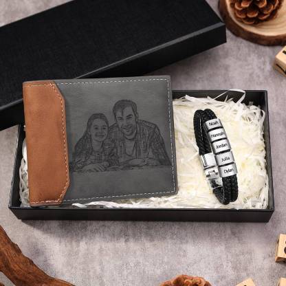 Personalisiertes Foto & Name & Buchstabe Geldbörse & 5 Namen Armband Geschenkpackung Geschenkbox set für Opa