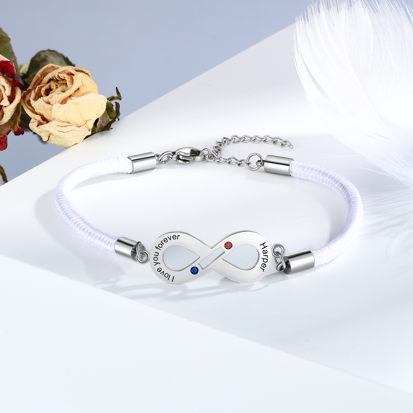 Paar Infinity Armband mit Name, Text und Geburtsstein Graviert, Valentinstag Geschenk Endlosarmband