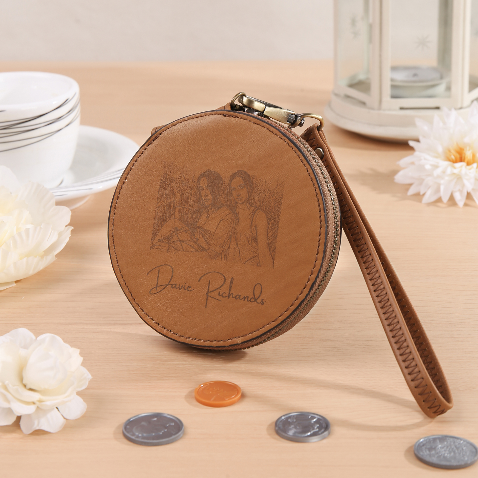 Damen Personalisierter Text & Foto PU Leder Geldbörse Münze Holder Rund Portemonnaie mit Reißverschluss