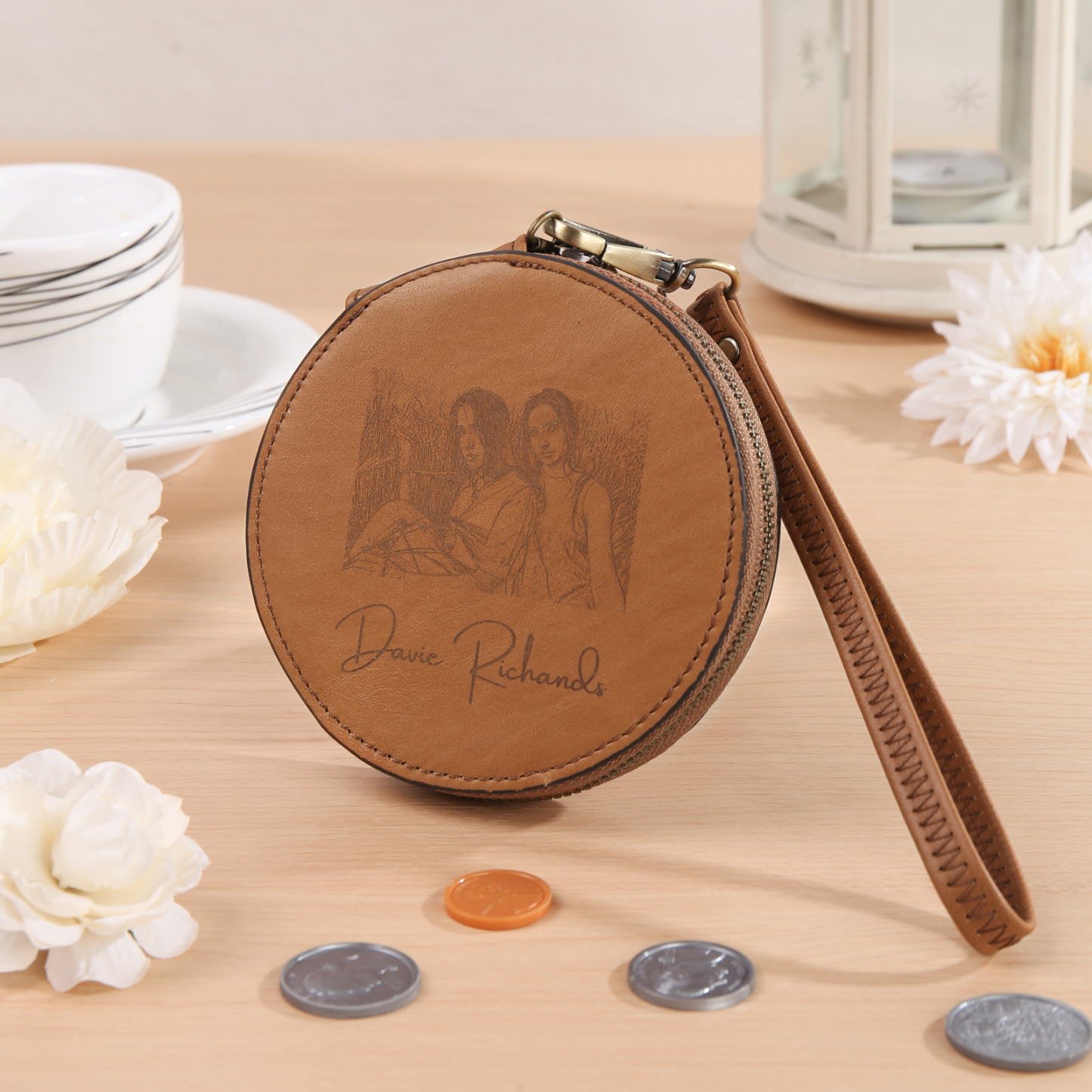 Damen Personalisierter Text & Foto PU Leder Geldbörse Münze Holder Rund Portemonnaie mit Reißverschluss