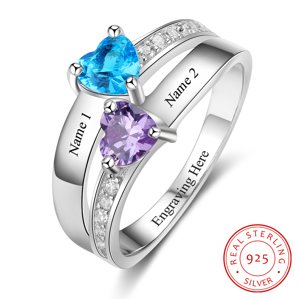 925 Sterling Silber Ring mit 2 Namen und 2 Geburtssteinen mit Gravuren